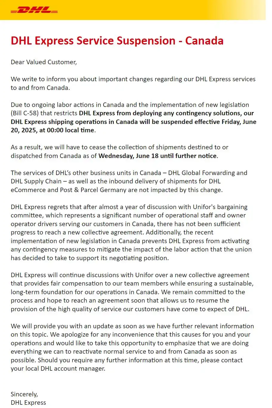 DHL加拿大罢工导致跨境寄件停摆_DHL中东空域关闭暂停收寄业务_国际快递停运情况